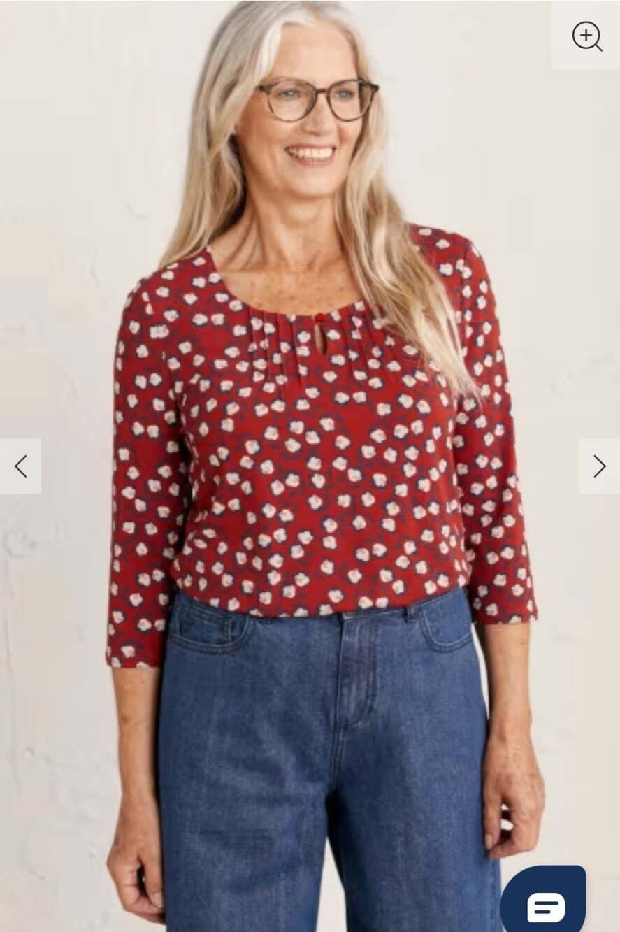 Seasalt Cornwall Needle Point Jersey Top Womens 6 Bamboo Ditsy Floral Pin Pleats